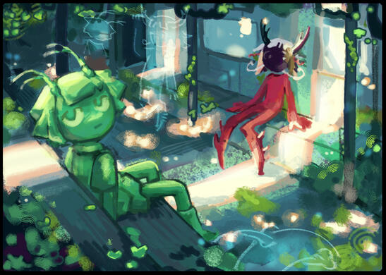scenic backrground of two artfight characters in a rlley green train with wisps scenic backrground of two artfight characters in a rlley green train with wisps