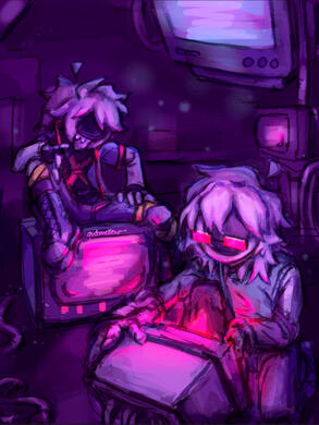 cropped scenic(?) backround of 2 artfight characters in a.. tv warehouse thing... fixing and yapping cropped scenic(?) backround of 2 artfight characters in a.. tv warehouse thing... fixing and yapping