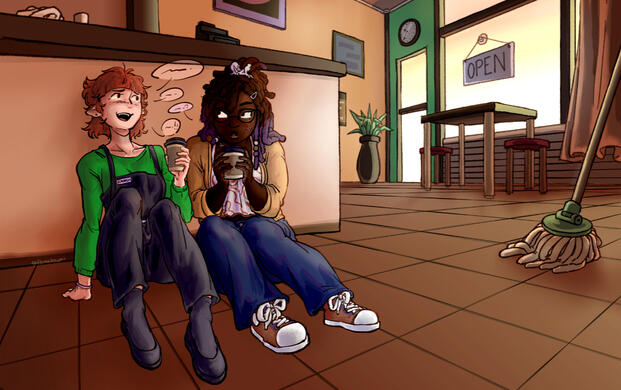 scenic background of my friends 2 ocs for artfight, wlw talk before store opens (..i think they forgot to open)