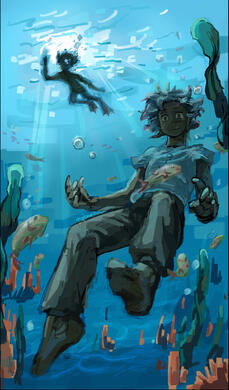 scenic(?) phone wallpaper background of 2 artfight characters swimming at sea