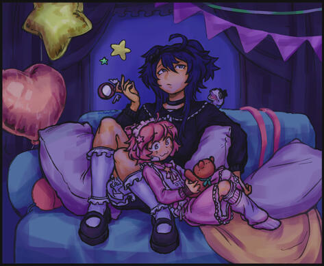 scenic(?) background of two artfight characters after a birthday party at night.